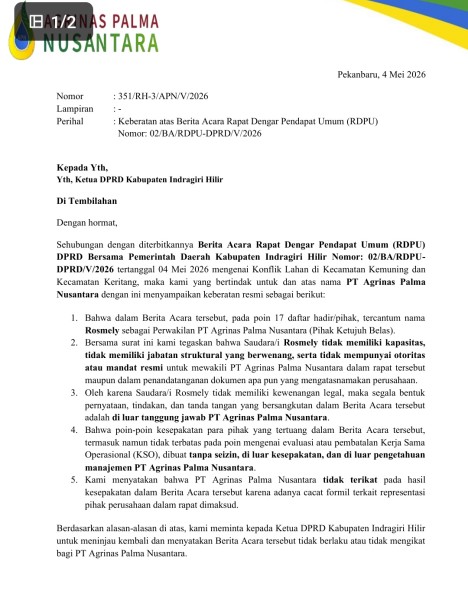 Pasca RDPU Konflik Lahan, PT Agrinas Tolak Berita Acara; Tokoh Masyarakat: 