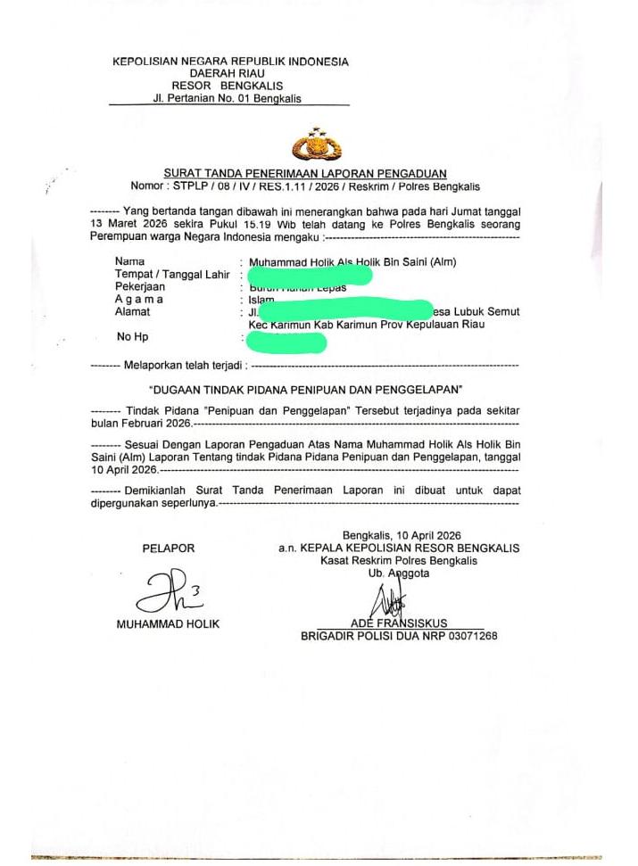 Laporan Dugaan Penipuan Dan Penggelapan Rp 300 Juta Mengendap Di Polres Bengkalis Tanpa Ada Kejelasan.