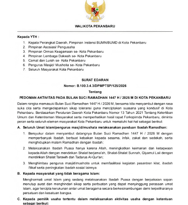 Pemerintah Kota Pekanbaru Resmi Terbitkan Edaran Pedoman Aktivitas Masyarakat Selama Ramadan, Ini Isinya!