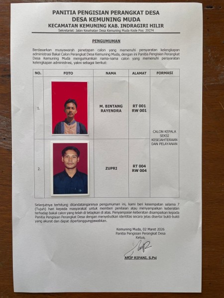Dua Calon Perangkat Desa Kemuning Muda Lolos Verifikasi Administrasi