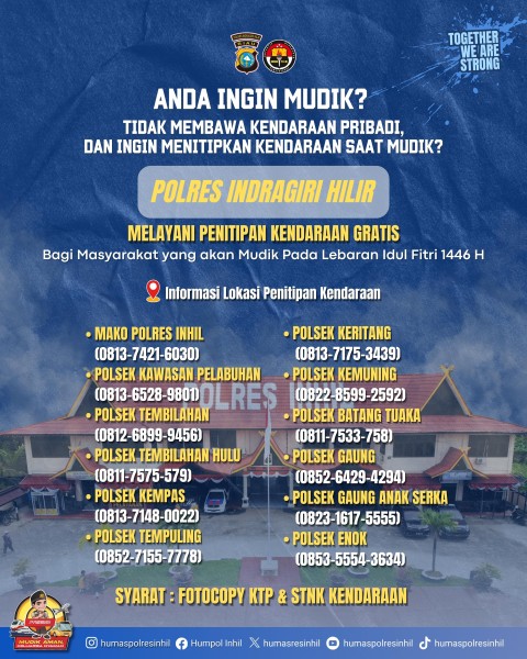 Polres Inhil Sediakan Fasilitas Penitipan Kendaraan Gratis untuk Pemudik di Bulan Ramadan