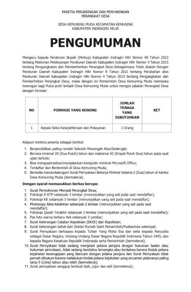 Pemdes Kemuning Muda Buka Pendaftaran Calon Perangkat Desa