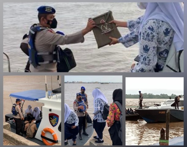 Kapal Sat Polair Polres Inhil Seberangkan  Pelajaran  Untuk Pergi Sekolah
